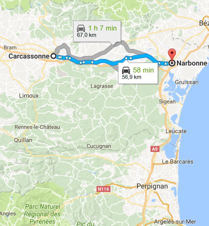 Trajet Carcassonne Narbonne