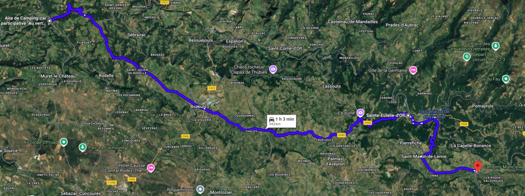 Trajet de Villecomtal à Saint Saturnin-de-Lenne