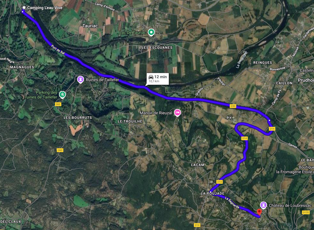 Trajet camping l'eau vive, Carrenac à Loubressac