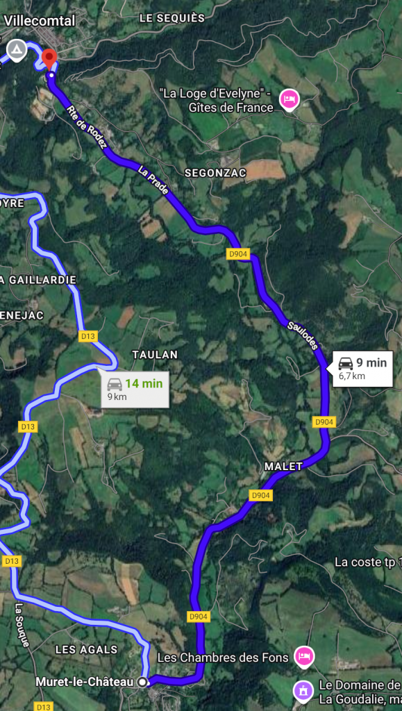 Trajet Muret le Château pour rejoindre Villecomtal